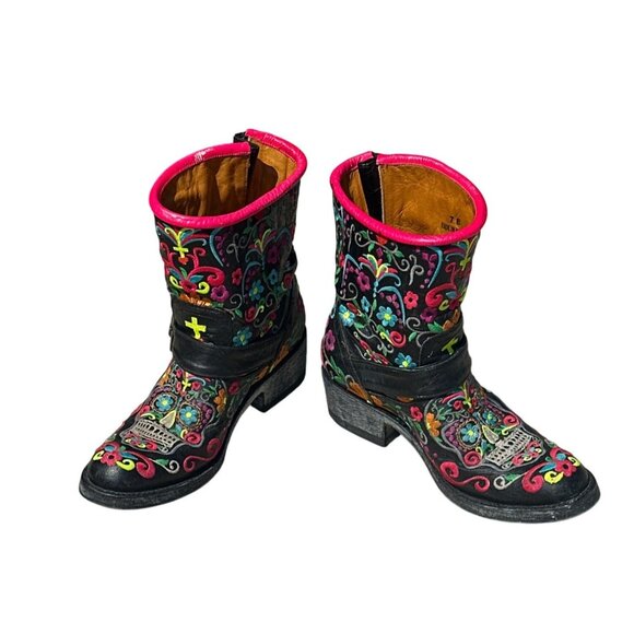 Old Gringo Womens Embroidered Sugar Skull Leather Ankle Boots 7B Black & Pink - Picture 3 of 7